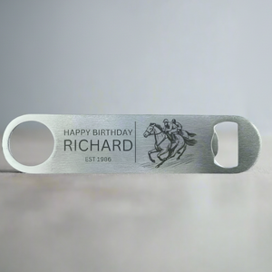 Personalised stainless steel bar blade bottle opener laser engraved with name, birth year and horse racing jockeys design