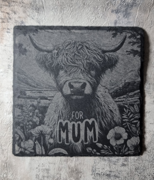 Highland Cow Engraved Slate / Bamboo Coaster - Gift for Mum Animal Lover
