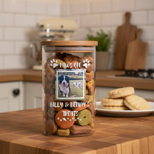 Personalised pet treat jar with custom uploaded photo of dog/cat on front, glass jar with screw-top lid