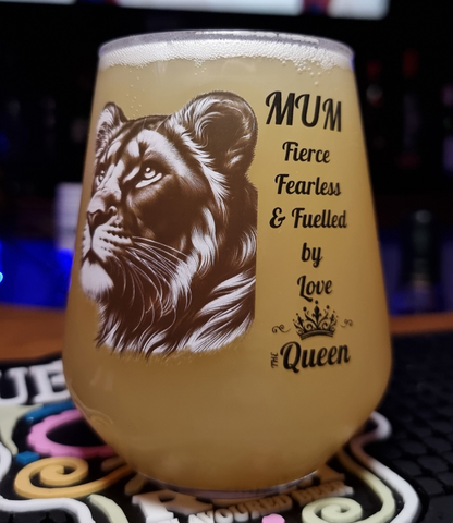 Lioness Glass For Mum, Fierce, Fearless and Fulled by Love, The Queen, Mothers Day Gift, Wine, Gin, Spirits Glass, Birthday Gift For Mum