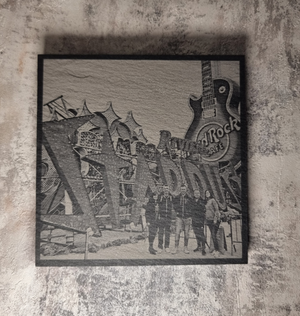 Custom slate coaster featuring your uploaded photo, engraved in high detail on natural stone, ideal as a personalised gift or keepsake.