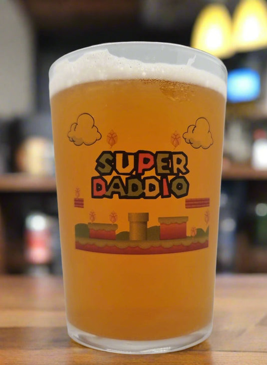 Super Daddio: Mario Inspired Beer Tumbler Glass - Power Up Your Dad's Drinks! Beer Glass Gift Idea For Dad