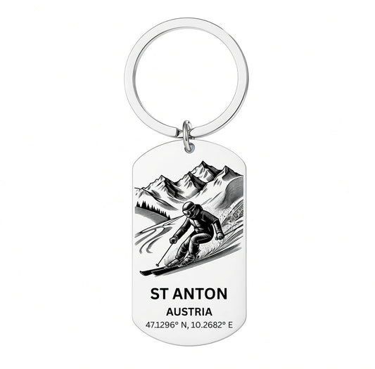 St Anton Austrian Alps Skier Keyring | Laser Engraved Gift First Glass Designs