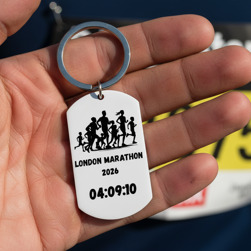 Personalised laser engraved marathon keyring with custom race name and finish time