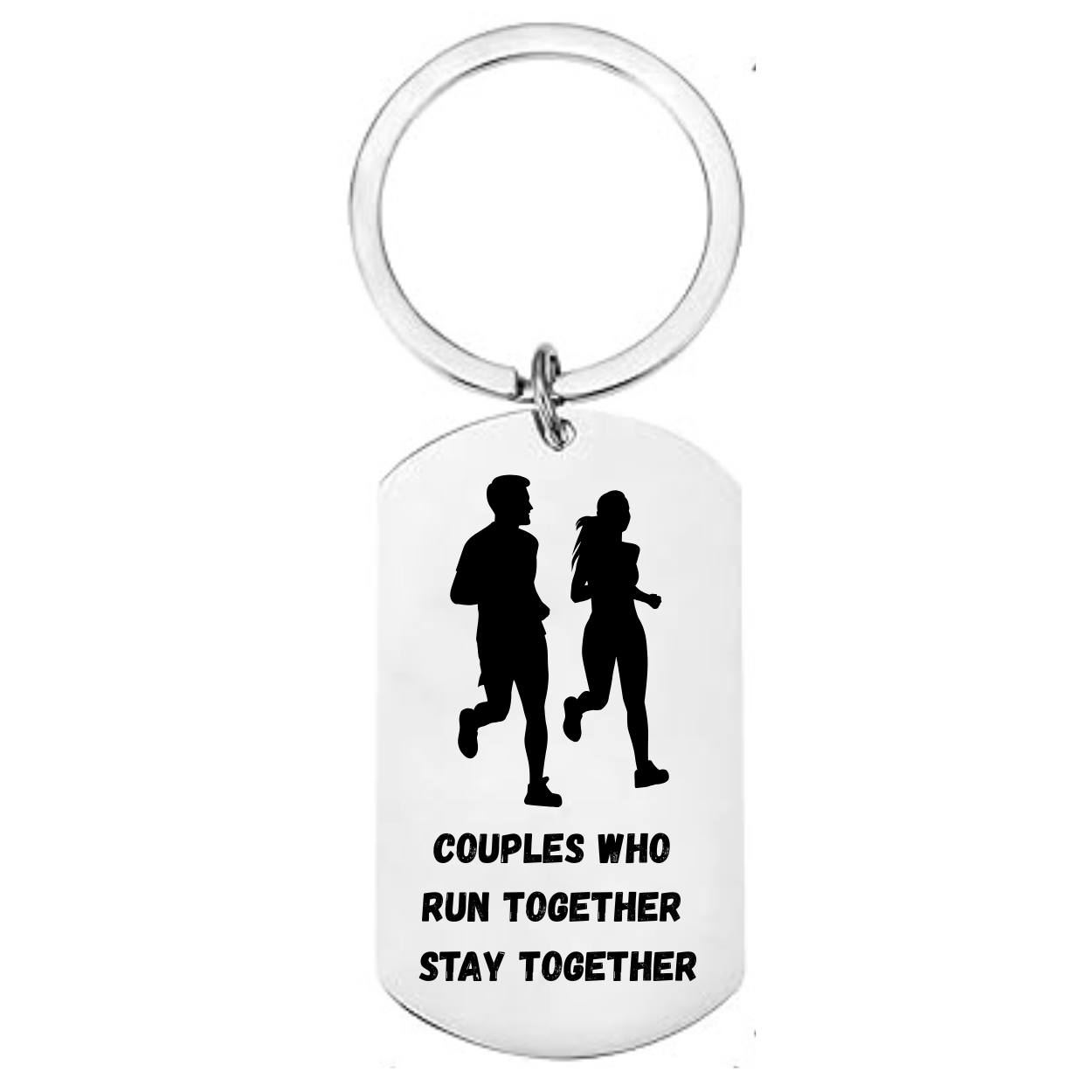 Couples who run together stay together keyring with silhouette of couple running, laser engraved on bamboo