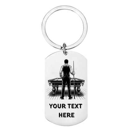 Personalised snooker or pool player keyring with custom text on the front