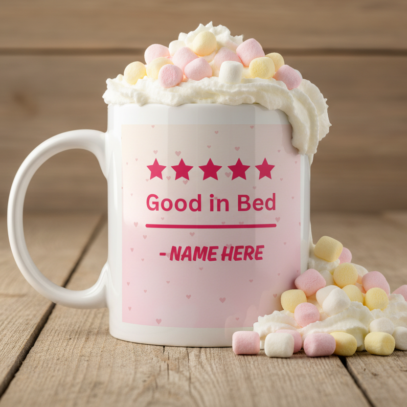 Good in Bed personalised mug with 5 star rating pink hearts design funny Valentine's gift with custom name