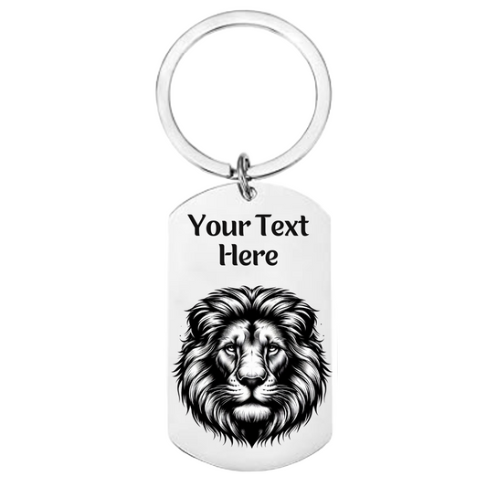 Stainless steel keyring with a lion or lioness design and personalised engraved text on the front and back.