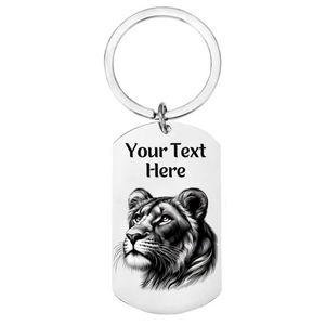 Stainless steel keyring with a lion or lioness design and personalised engraved text on the front and back.
