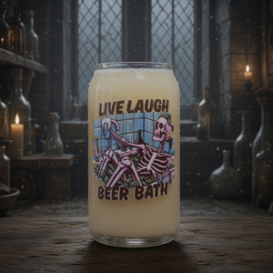 Live Laugh Beer Bath skeleton beer glass, custom printed with skeleton relaxing in a beer bath design