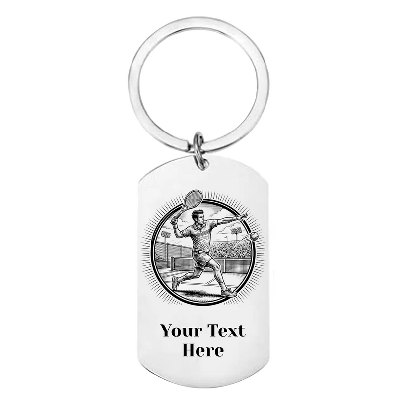 Personalised tennis keyring with laser engraved male tennis player design