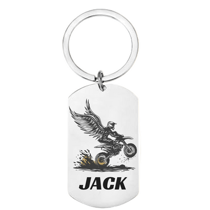 Personalised motocross keyring with angel wings design – biker or motocross gift with custom name engraving.
