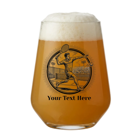 Personalised tennis gift for dad, stemless beer glass with male tennis player design