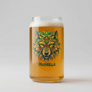 Mandala wolf glass custom printed with a detailed tribal-style wolf illustration and the name Franella, can-shaped glass shown