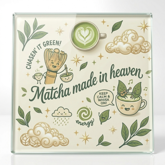 Matcha made in heaven glass coaster with kawaii tea leaves, whisk and matcha latte design, 10x10cm cork backed
