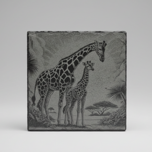 Slate coaster laser engraved with mother and calf giraffe savanna scene