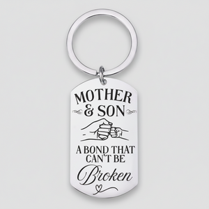 Stainless steel mother and son keyring laser engraved with fist bump design and "Mother & Son, A Bond That Can't Be Broken", optional personalised back