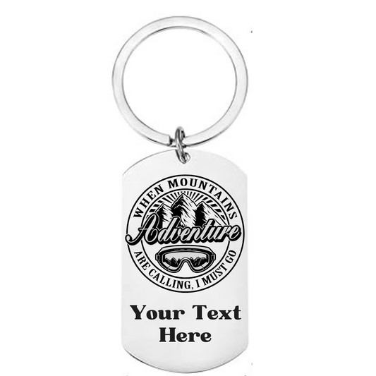 When mountains are calling I must go personalised keyring with ski goggles design on stainless steel
