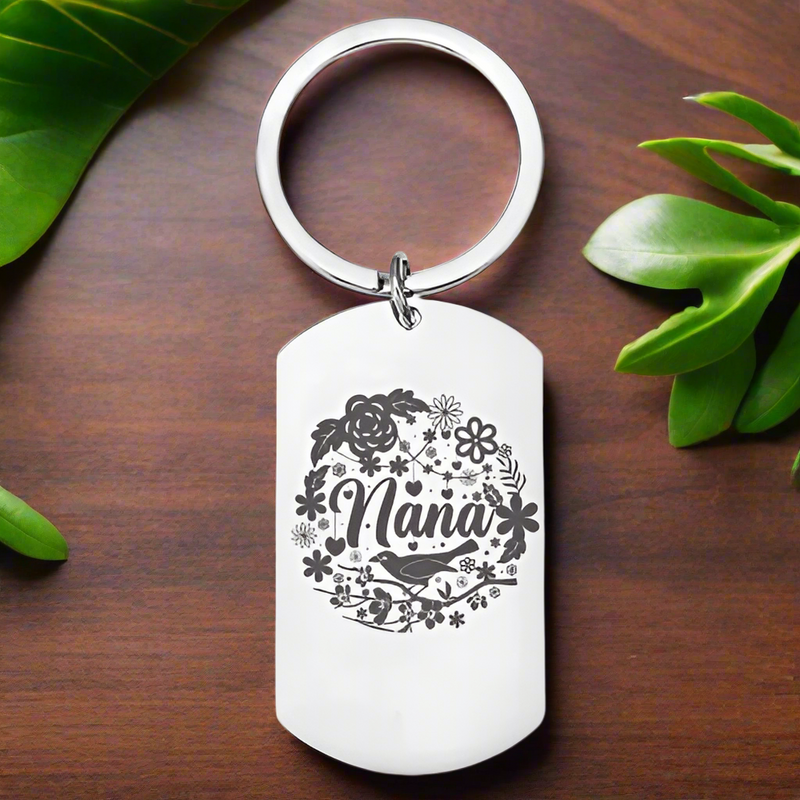 Personalised Engraved Nana Keyring – Floral "Nana" Design, Custom Gift for Grandma FirstGlassDesigns