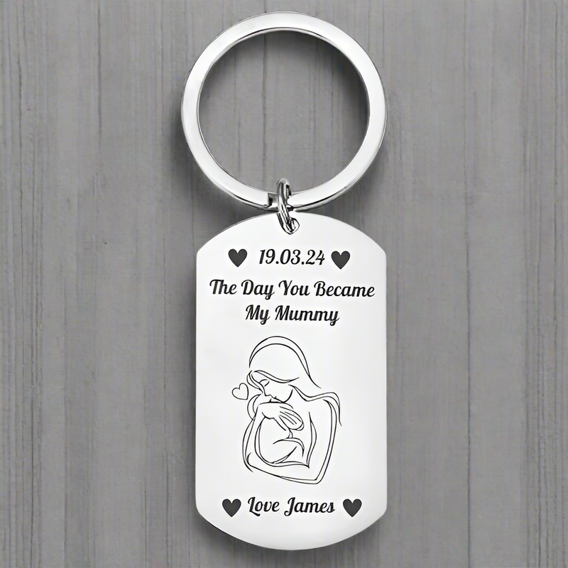 Personalised Engraved New Mum Keyring – "The Date You Became My Mummy" Keepsake Gift with Custom Date First Glass Designs