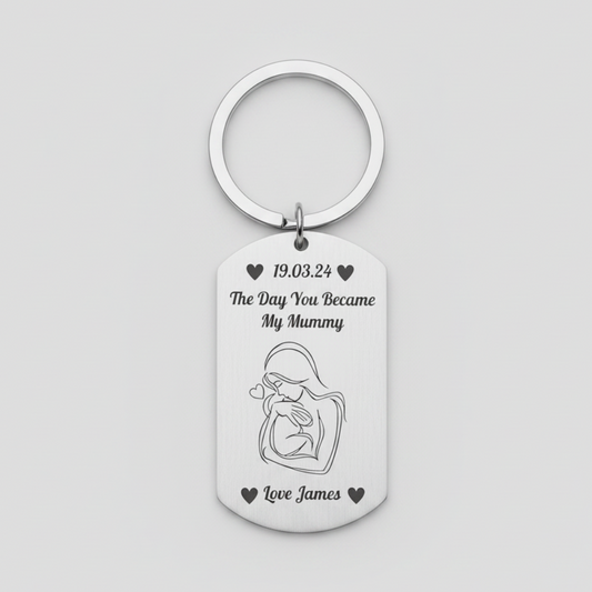 Personalised stainless steel new mum keyring laser engraved with mother and baby line art, "The Day You Became My Mummy", name and date