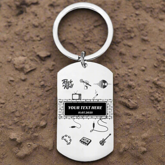 Personalised stainless steel keyring inspired by Oasis music, engraved fan gift with option to add custom message on the back.