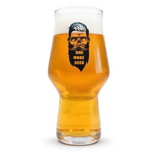 A clear tulip-style beer glass filled with golden amber beer and topped with white foam, featuring a black graphic of a bearded man's face with the text 'ONE MORE BEER' on the front, photographed on a white background.