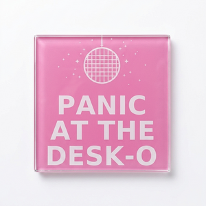 Panic at the Desk-O funny pink glass coaster with disco ball design on wooden surface, unique novelty office gift for her
