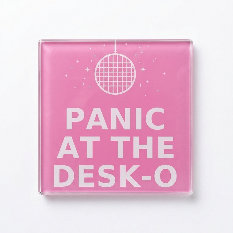 Panic at the Desk-O funny pink glass coaster with disco ball design on wooden surface, unique novelty office gift for her