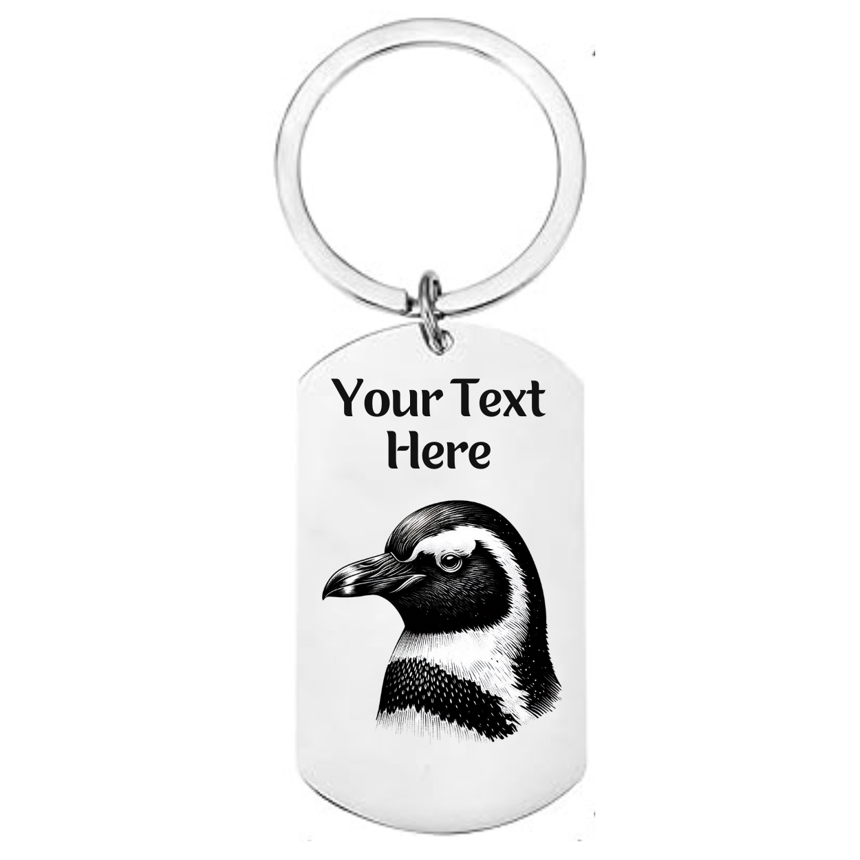 Keychain with penguin design and customizable text on a white background
