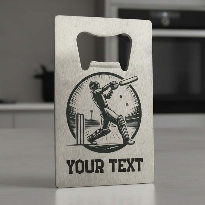 Personalised stainless steel cricket bottle opener with engraved player design