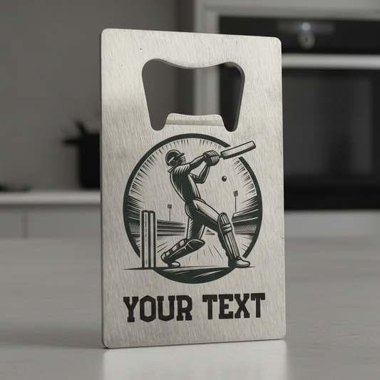 Personalised stainless steel cricket bottle opener with engraved player design