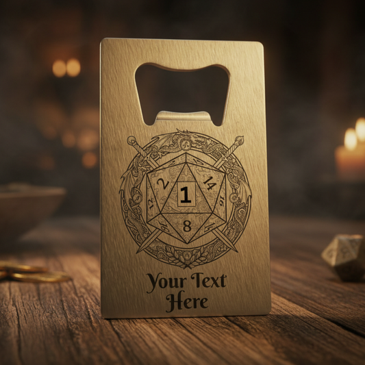 Personalised Dungeons and Dragons stainless steel bottle opener featuring an ornate d20 die with crossed swords and fantasy detailing, with custom text engraving space at the bottom
