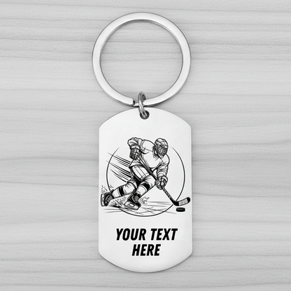 Personalised stainless steel ice hockey keyring with engraved hockey player design
