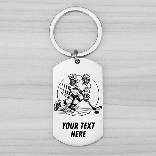 Personalised stainless steel ice hockey keyring with engraved hockey player design