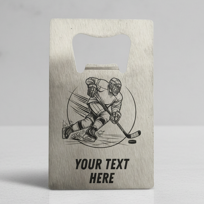 Personalised stainless steel ice hockey bottle opener with engraved player design