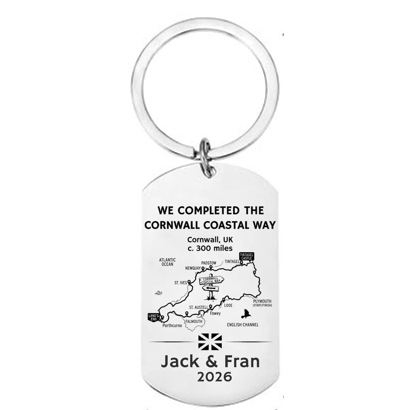 Personalised Cornwall Coast Path completion keyring with laser engraved route map