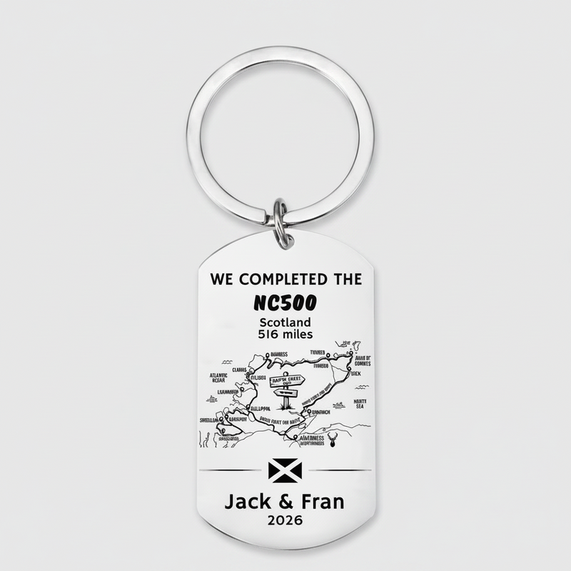 Personalised NC500 Completion Keyring | Laser Engraved Scotland Gift First Glass Designs