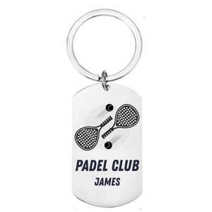 Stainless steel dog tag keyring laser engraved with a Padel Club design, crossed rackets and the name James