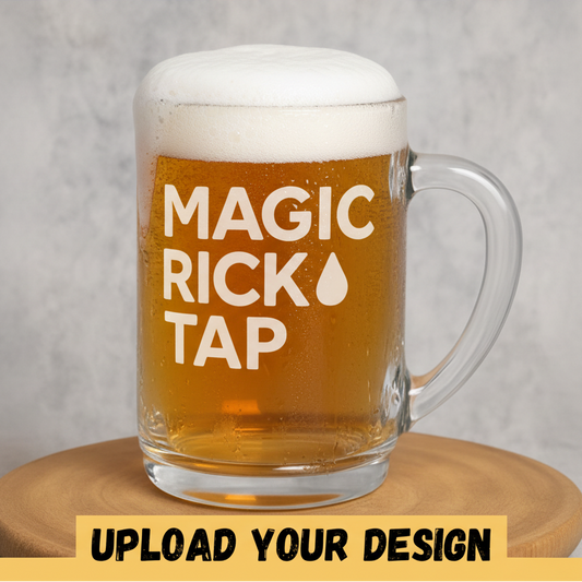 Personalised 1 pint glass tankard with handle showing custom printed 