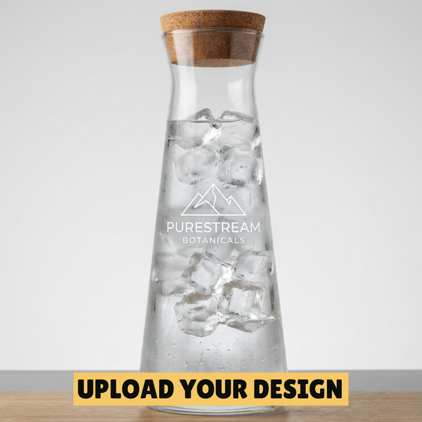 Personalised 1150ml glass carafe with natural cork lid and custom printed Purestream Botanicals logo, unique branded gift