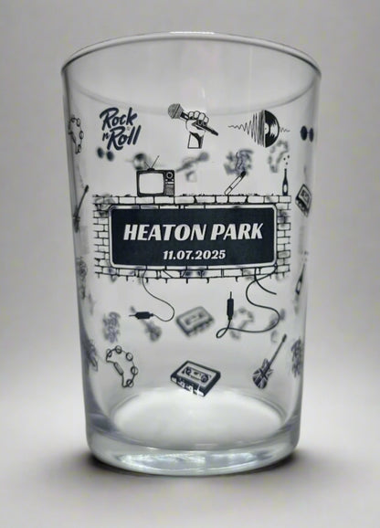 Personalised 18oz beer glass with Oasis - themed design featuring Union Jack guitar, champagne bottle, and cassette player – perfect gift for Britpop and music fans, Heaton Park