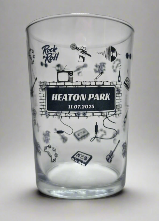 Personalised 18oz beer glass with Oasis - themed design featuring Union Jack guitar, champagne bottle, and cassette player – perfect gift for Britpop and music fans, Heaton Park