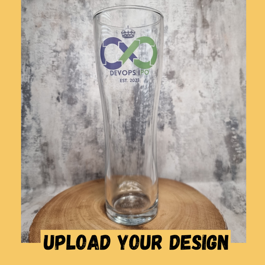 Personalised 1-pint Aspen schooner beer glass printed with a custom holiday design, shown as an example of full colour print quality on the wide-bodied schooner shape

