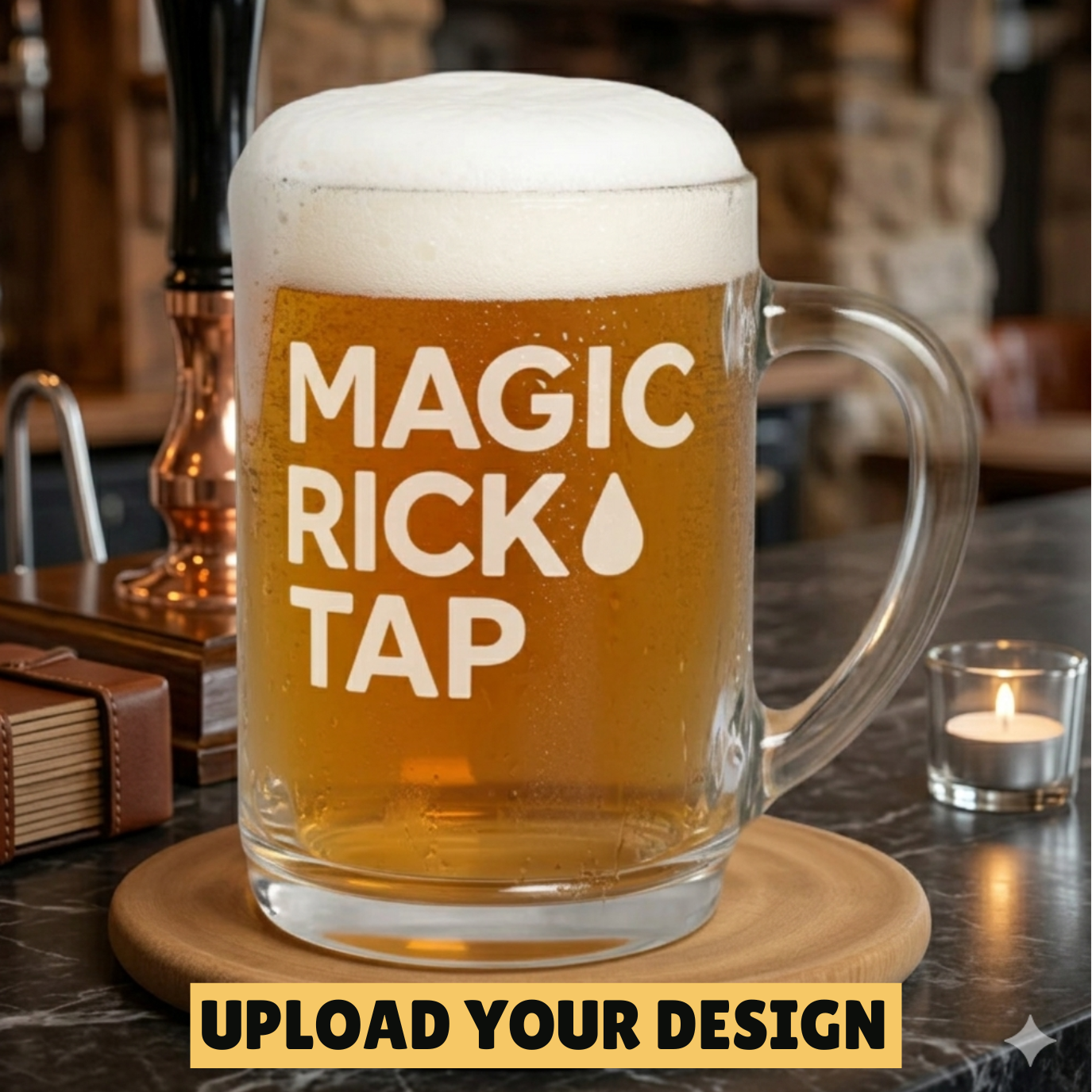 Personalised 1 pint glass tankard with handle showing custom printed 