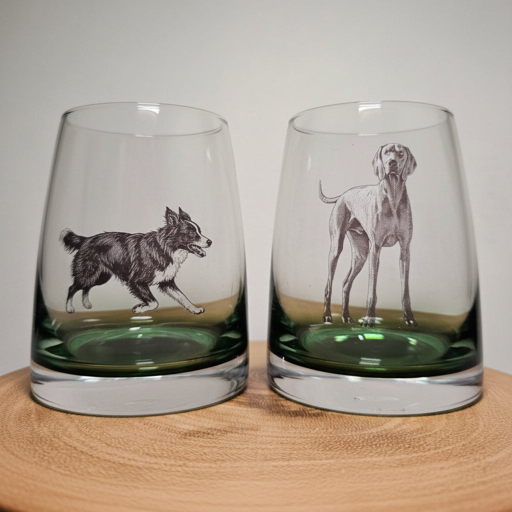 Personalised 300ml whiskey glass with green base filled with golden whiskey and uploaded dog design, unique gift for him