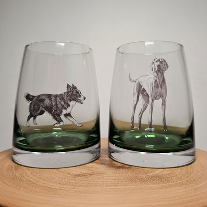 Personalised 300ml whiskey glass with green base filled with golden whiskey and uploaded dog design, unique gift for him