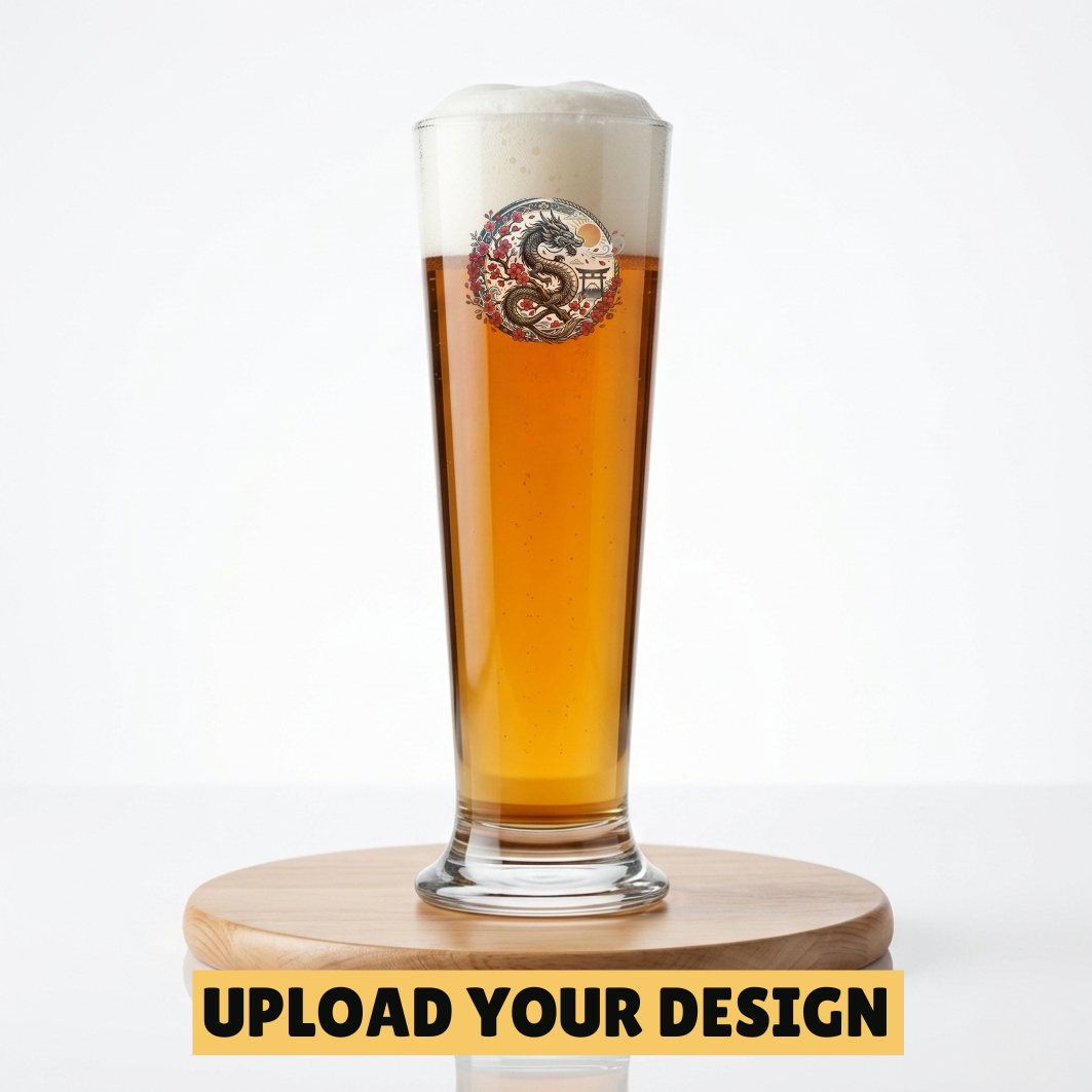 Personalised 390ml tall slim pilsner glass with custom uploaded Japanese dragon circular design, unique craft beer gift
