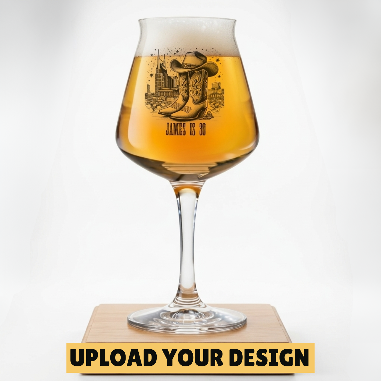Personalised 420ml Teku glass with custom uploaded cowboy boots birthday design James is 30, unique craft beer gift