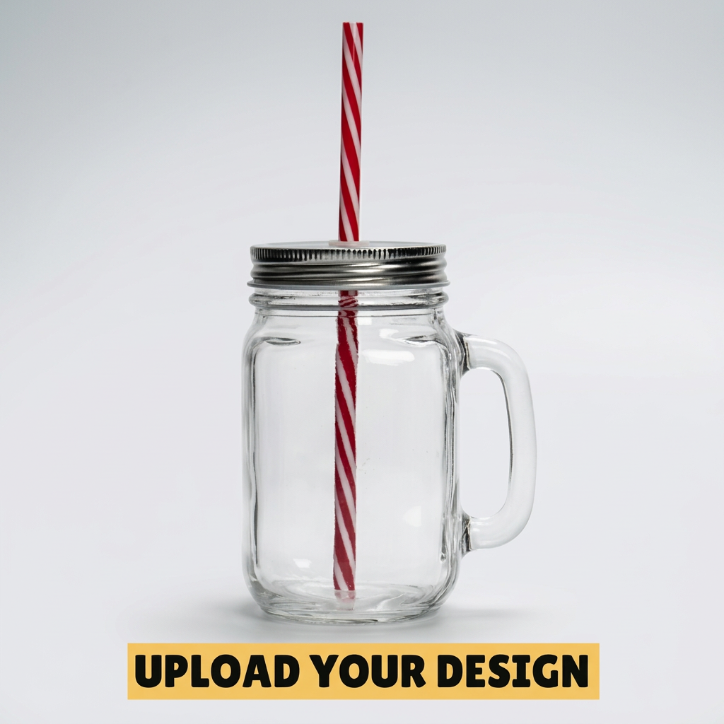 Personalised 450ml mason jar glass with handle, screw-top lid and striped straw, upload your own design